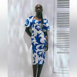 H&M Balloon-sleeved dress White/Blue patterned NWT SZ SMALL